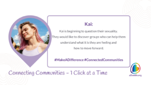 Promotional image for aDoddle.org featuring Kai, a person questioning their sexuality, looking for supportive groups, set against a sky backdrop with hashtags for making a difference and connected communities.
