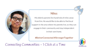 This image is a visual and textual representation designed to highlight an individual's story and promote a community-connecting initiative. Here is the description of its components: On the left, there is a circular photo inset of a young man, who appears to be smiling and looking directly at the camera. He wears glasses and a zip-up jacket. To the right of the photo, there is a text box with the following content: Niko: His elderly parents live hundreds of miles away from him. He would like to be able to find local support in the area where his parents live, so they can engage in their community and stay independent in their own home. #BetterConnected #StrongerTogether At the bottom of the image, a slogan reads: Connecting Communities – 1 Click at a Time On the bottom right, there is a logo alongside the text "aDoddle.org," which suggests that this is the organization responsible for the initiative. The overall design includes a color scheme of blues, grays, and a touch of an orange-to-green gradient in the logo.