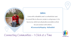 Image featuring a man in a wheelchair, identified as John, who lives with a disability. John is pictured on the left in a circular frame, wearing a red jacket and a green cap while seated in his wheelchair on a park pathway. To the right, there is text describing John as a wheelchair user looking to discover physically accessible projects and groups in his area to connect with others. Hashtags #CommunityMapping and #aDoddleIt are included. The image also contains the phrase 'Connecting Communities – 1 Click at a Time' and the logo for aDoddle.org, which includes a colourful swirl design