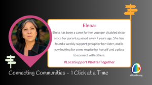 A woman with grey-streaked dark hair and blue earrings is framed in a pink circle. Text reads: "Elena has been a carer for her younger disabled sister since her parents passed away 7 years ago. She has found a weekly support group for her sister, and is now looking for some respite for herself and a place to connect with others." #LocalSupport #BetterTogether "Connecting Communities – 1 Click at a Time." aDoddle.org logo in the corner.