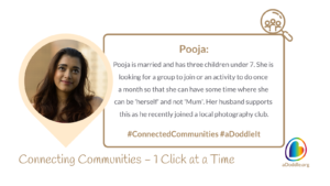 A portrait of a woman with text about her story: Pooja is married with three children, looking for a group or activity to join monthly for personal time. Her husband supports her, having joined a photography club. At the bottom of the image, there's a logo of aDoddle.org. The overall theme of the image suggests a focus on community connection and personal identity. Hashtags: "#ConnectedCommunities #aDoddleIt" and "Connecting Communities – 1 Click at a Time"
