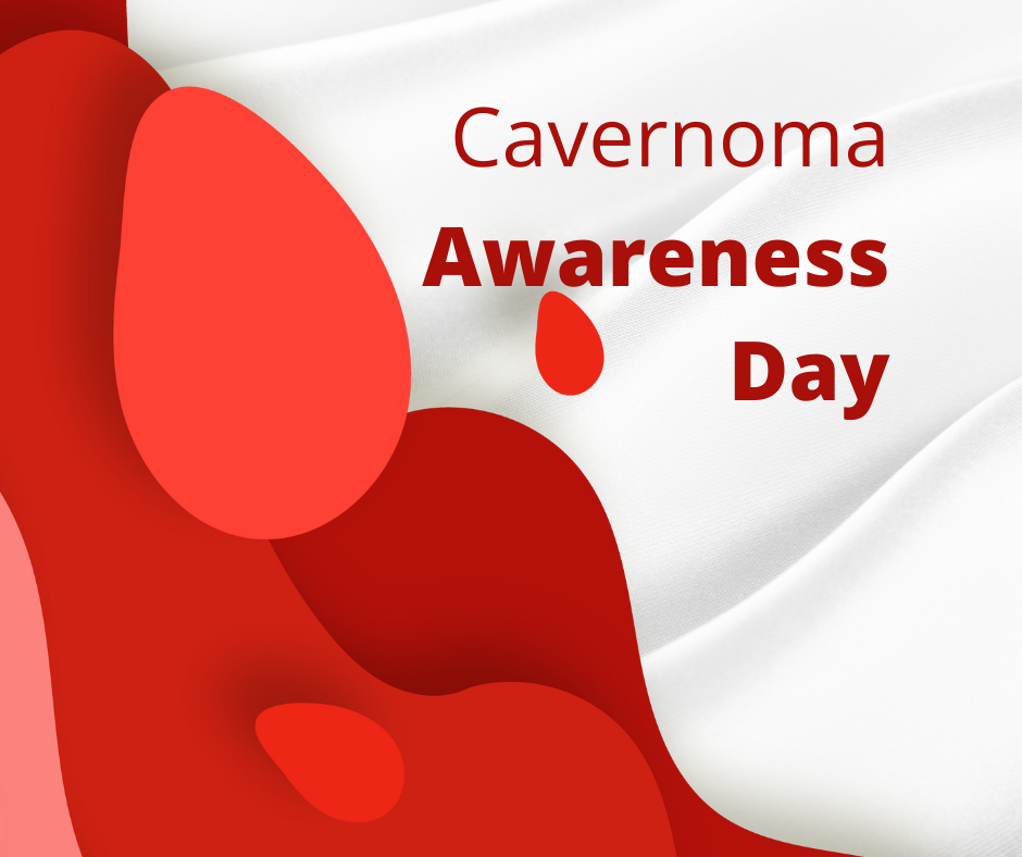 A white background with red shapes and the text "Cavernoma Awareness Day" in red. The design features smooth, abstract red forms on the left and centre, resembling drops or organic blood shapes.