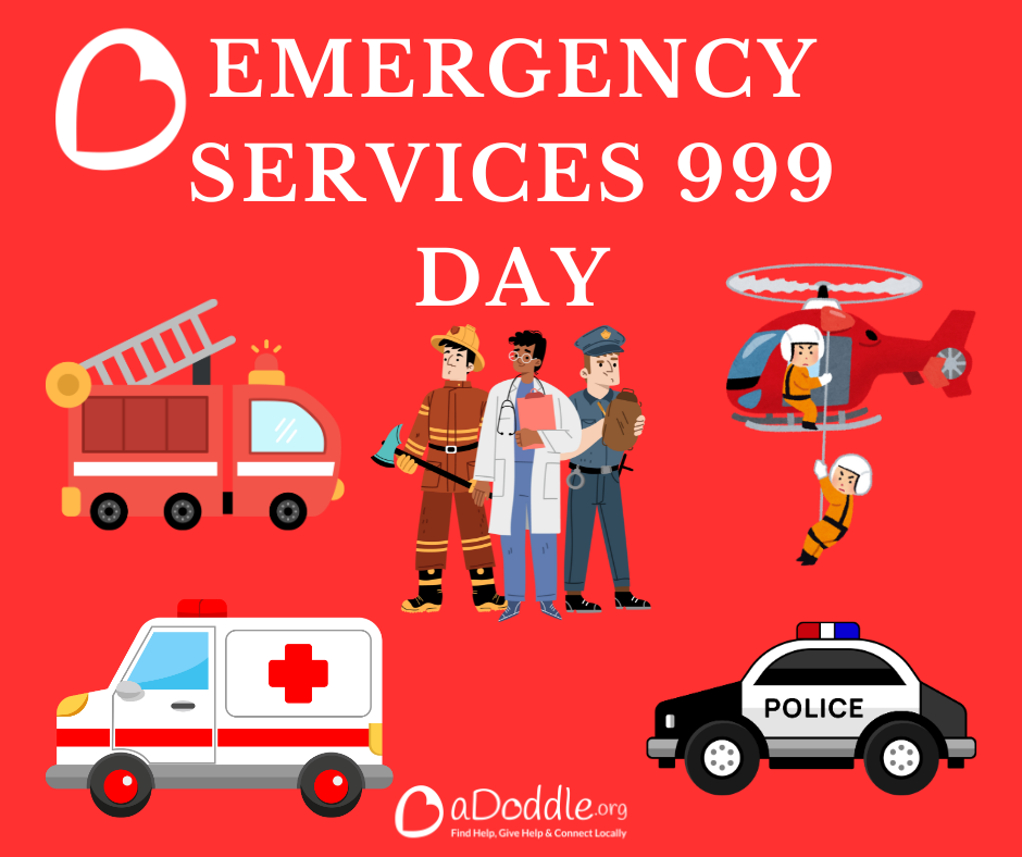 Illustration for Emergency Services 999 Day with a fire engine, ambulance, police car, rescue helicopter, and emergency personnel (firefighter, doctor, police officer). The aDoddle.org logo and the tagline "Find Help, Give Help & Connect Locally" are at the bottom. Red background.